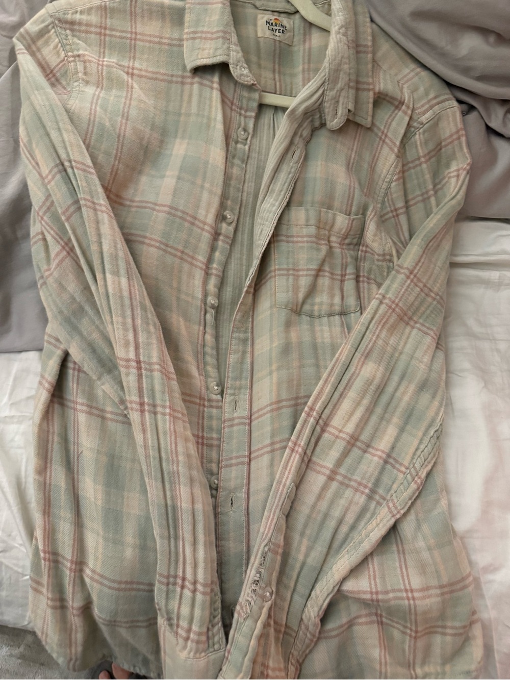 Marine Layer Plaid Button-Up Shirt in Pastel Mint and Pink